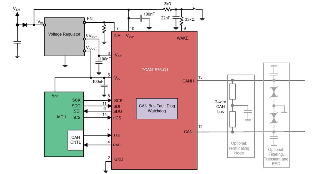 原理图 - Texas Instruments TCAN157x-Q1增强型CAN FD SIC收发器